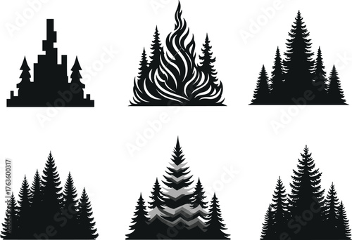 Forest silhouette vector, pine tree clipart, fantasy castle scene, flame design, nature graphic, black trees, conifer cluster, stylized illustration