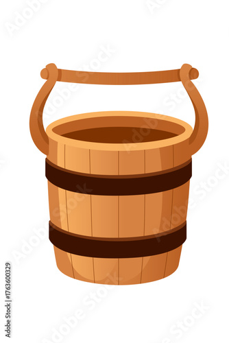 Wooden bucket with brown handle. Traditional barrel style container with vertical slats and metal hoops. Natural wood texture. Classic rustic design for garden and farm. Vector illustration on white