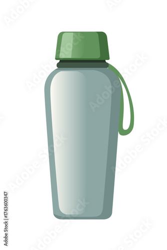 Green camping thermos bottle. Olive color flask with matching cap and carrying loop. Compact outdoor beverage container with strap attachment. Nature-inspired portable thermal bottle design. Vector.