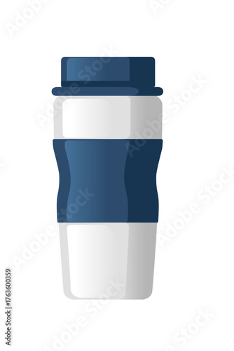 Blue sports shaker bottle. Navy and white ergonomic fitness container with wide mouth opening. Athletic protein shaker with grip zones. Modern gym beverage mixer for supplements. Vector illustration