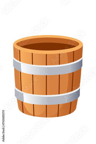 Wooden barrel with metal hoops. Traditional cooper container with vertical wood slats and silver bands. Natural texture rustic design without handle. Classic storage vessel. Vector illustration