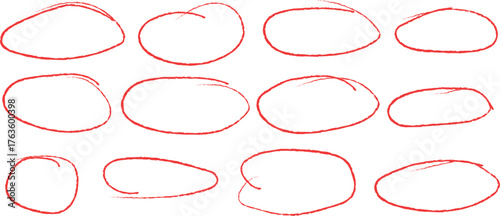 Red Oval and Circle Shapes on White Background for Highlighting and Visual Cues with Hand Drawn Styl
