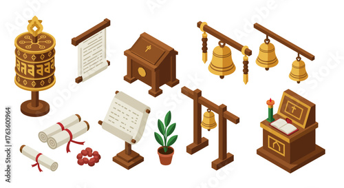 Isometric buddhist temple objects with bells and prayer wheels