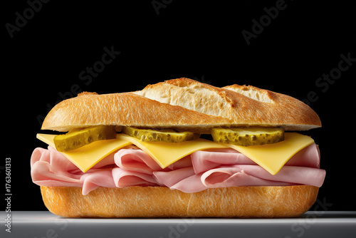 Delicious sandwich stacked with meats, cheese, and pickles on fresh bread
