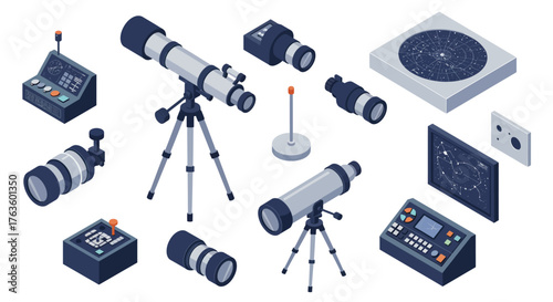 Isometric telescope and astronomy equipment set for space enthusiasts