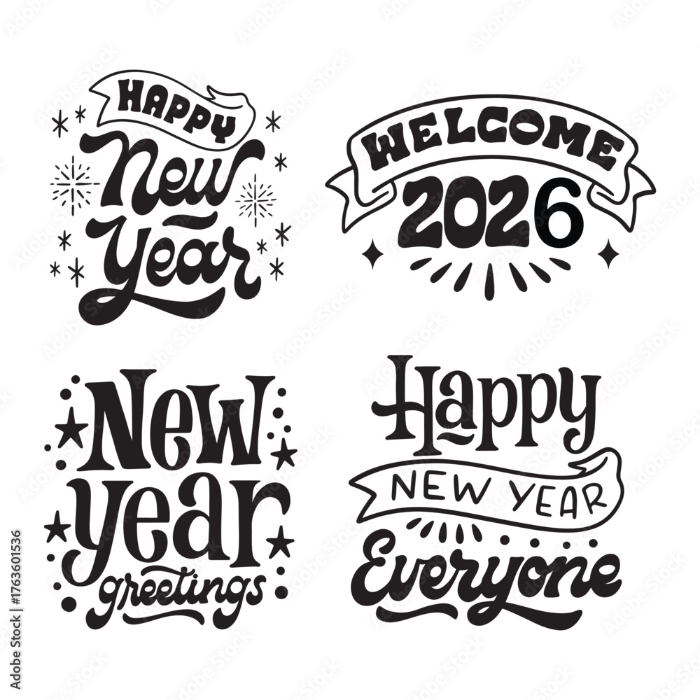 Fototapeta premium New year 2026 vector elements stickers collection in black and white