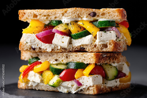 Healthy sandwich with fresh vegetables and cottage cheese