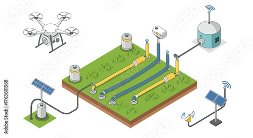 Modern agricultural technology: smart irrigation and drone surveillance isometric design