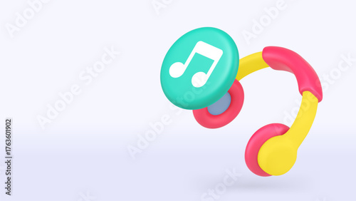 Music listening audio sound headphones 3d icon banner copy space vector illustration. Electronic volume earphones bass DJ entertainment radio podcast digital streaming device technology