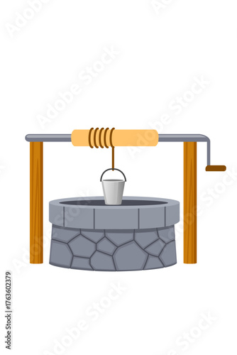 Stone water well with wooden posts and yellow winch barrel on metal crossbar. Gray stone base with textured surface. Hand crank mechanism. Vector illustration isolated on white background
