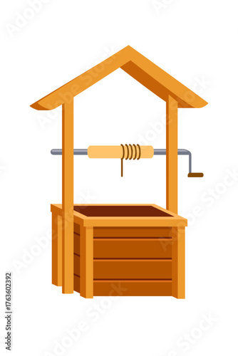 Wooden water well with peaked triangular roof and square plank base. Yellow winch barrel with metal frame and brown crank handle. Empty well design. Vector illustration isolated on white.