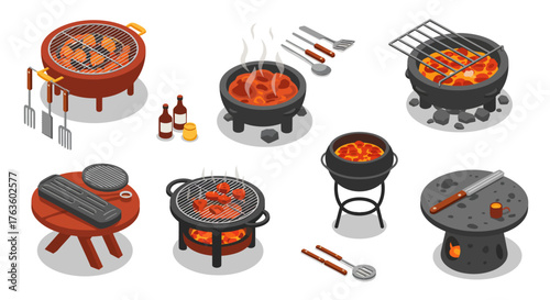 Isometric barbecue grills and cooking utensils with grilled meat and charcoal
