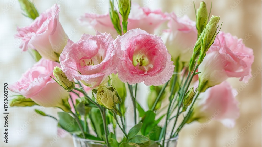 Obraz premium A bouquet of beautiful pink eustoma flowers, also known as lisianthus, arranged in soft natural light. Elegant petals, delicate texture, and gentle pastel tones symbolizing love, grace, and purity