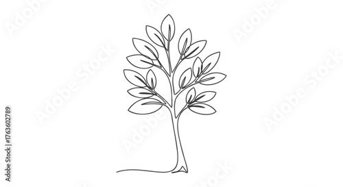 A minimalist drawing of a small tree sapling with lush leaves, created using a single one continuous line art style