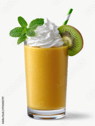 Refreshing tropical fruit drink served with whipped cream and kiwi slice on a sunny day
