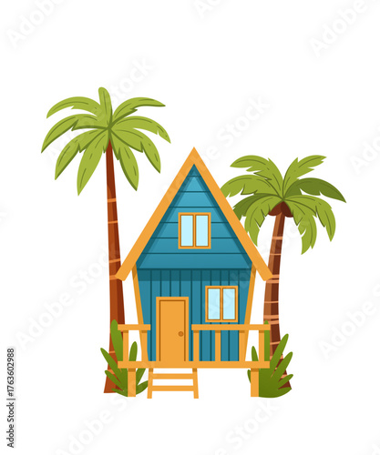 Blue A-frame beach house on stilts with orange roof and palm trees. Modern tropical vacation cottage with wooden deck and stairs. Island bungalow architecture. Vector illustration isolated on white