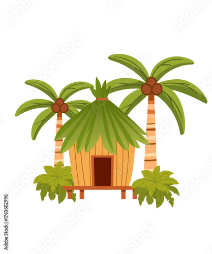 Tropical beach bungalow with thatched palm leaf roof surrounded by coconut palms. Traditional wooden hut on stilts with tropical foliage. Island vacation home design. Vector illustration on white