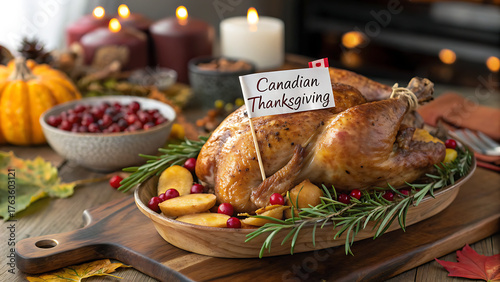 A festive canadian thanksgiving display featuring a roasted turkey, cranberries, potatoes, and rosemary, embodying the spirit of autumn and gratitude in a warm, inviting setting