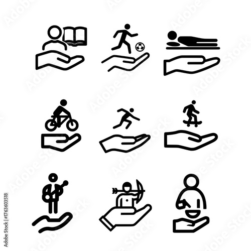 Activity Icon Set on Human Palm Featuring Reading Football Sleeping Cycling Skateboarding Archery Cooking