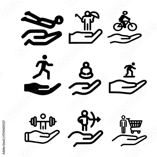 Human Hand Holding Activity Icons Including Diving Fishing Cycling Running Yoga Archery and Shopping