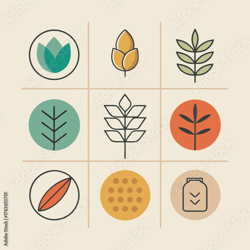 Nine abstract icons of plants and food on a cream background