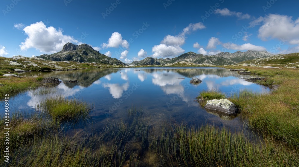 Fototapeta premium High altitude view of alpine lake with calm mirror-like water reflecting the sky, surrounded by mountains and natural landscape, conveying serene tranquility and peaceful outdoor scenery