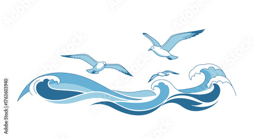Stylized ocean waves with flying seagulls illustration art