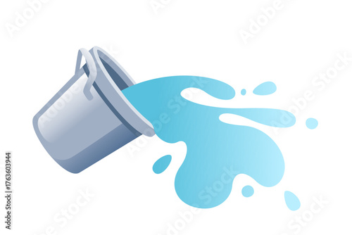 Silver metal bucket tilted with water splashing out. Blue liquid droplets and splash flowing. Shiny metallic container with handle. Modern cleaning concept. Vector illustration isolated on white