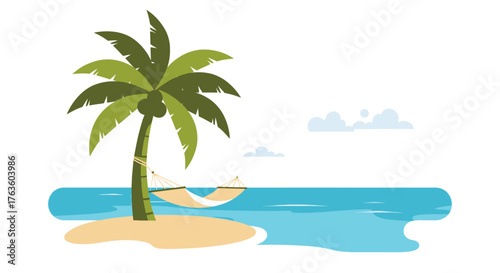 Tropical Paradise Relaxation in Hammock on Beach with Palm Tree
