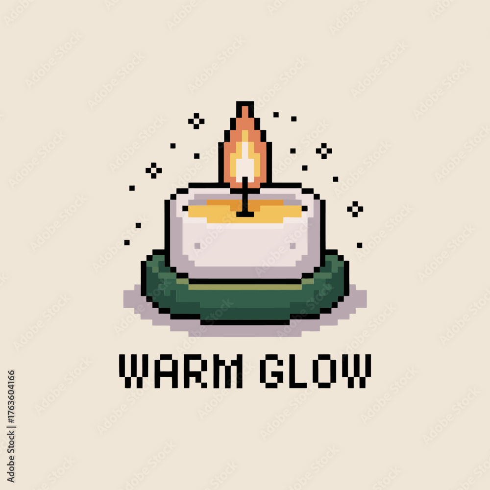 Naklejka premium Warm glow candle icon, pixel style wax candle, cozy winter ambiance, gentle flame light, holiday season illustration