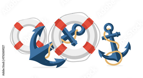 Cartoon Nautical Elements Anchors and Lifebuoys Summer Vacation Symbols