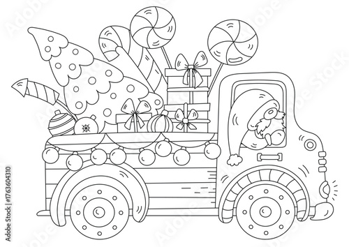 Christmas Gnome Riding In Car With Tree Gifts And Treats Coloring Page For Adults And Kids