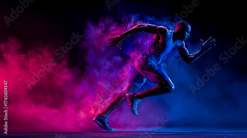 Vibrant neon light effect photography of an athlete running in motion, with blue and purple colors