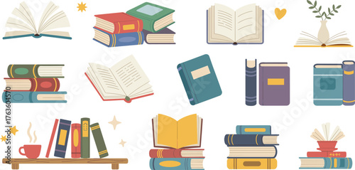 Colorful stack of books in flat cartoon illustration style, educational reading concept, vintage literature collection with stars and heart background