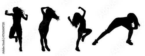 Zumba and Fitness Dance Class Silhouettes: Set of Energetic Women in Motion