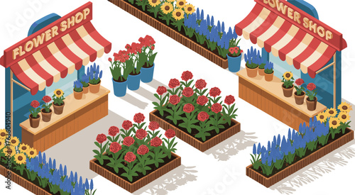 Isometric 3D illustration of charming flower shop market with colorful roses, sunflowers, potted plants, garden beds, and striped awnings