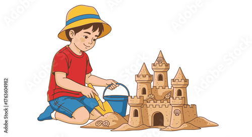 Young Boy Building Sandcastle on the Beach Summer Holiday Vacation Scene