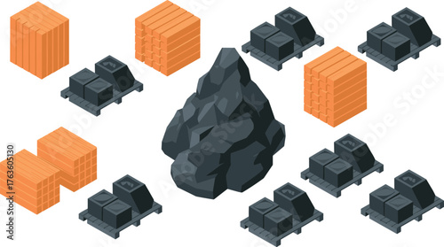 Isometric 3D illustration of industrial materials, coal pile, metal ingots, wooden crates, factory resources, mining production, and raw manufacturing supply chain