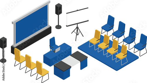Isometric 3D illustration of modern conference room interior with chairs, projector screen, stage, desk, and audio speakers setup