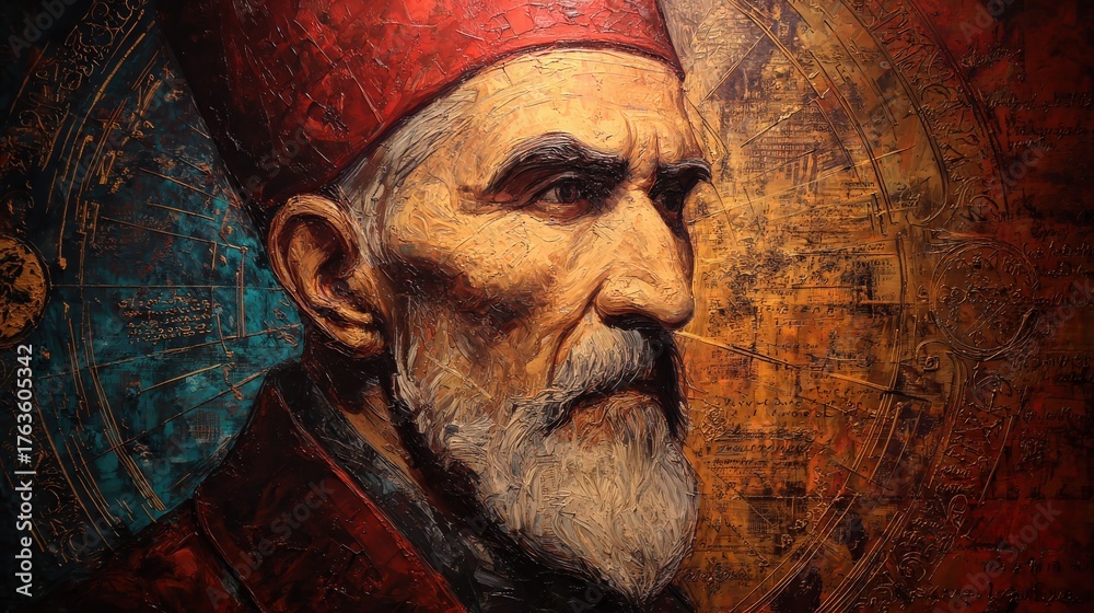Fototapeta premium A detailed, textured portrait of an elderly man in traditional attire, set against a vibrant, abstract background, showcasing artistic mastery and historical significance.