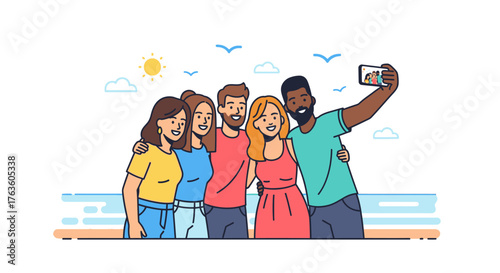 Diverse Friends Taking Selfie at Beach Vacation Together Cartoon Style