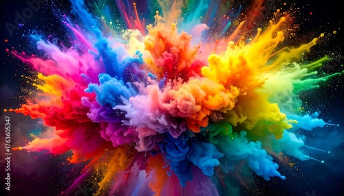 An explosion of vibrant, multicolored powder against a dark background, creating a visually stunning burst of color and energy