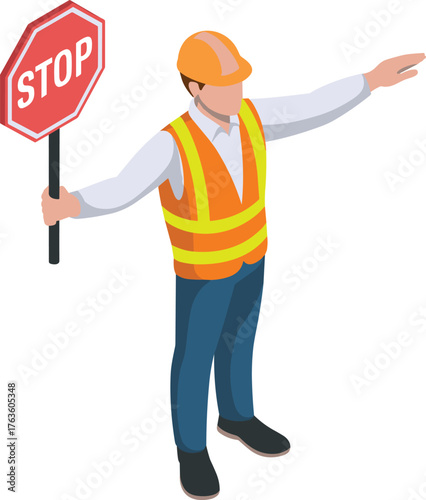 Isometric illustration of construction worker holding stop sign and directing traffic wearing safety vest and hard hat on white background
