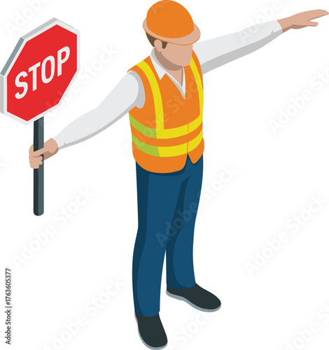 Isometric illustration of construction worker holding stop sign and directing traffic wearing safety vest and hard hat on white background