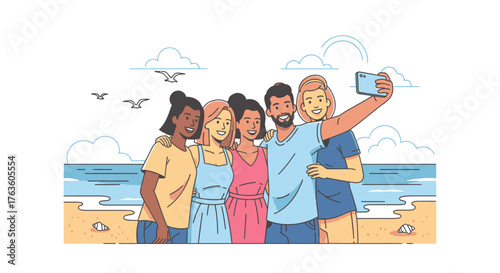 Friends take a beach selfie vacation fun summer youth celebration