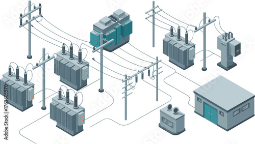 Isometric illustration of electrical power substation with transformers, high voltage lines, utility poles and distribution network system for energy infrastructure
