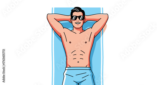 Man Relaxing on a Blue Towel in Sunglasses Cartoon Style