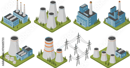 Isometric illustration of industrial power plants and electricity stations, cooling towers, chimneys, and transmission towers representing energy generation and distribution system infrastructure
