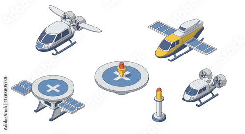 Isometric futuristic aircraft and helipad design with clean energy elements