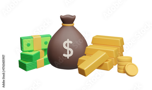 Treasuries: stack of cash, gold bar bullions, dollar fabric money bag and golden coins 3D vector illustration isolated on white. Different types of money, savings, investment, wealth concept. 